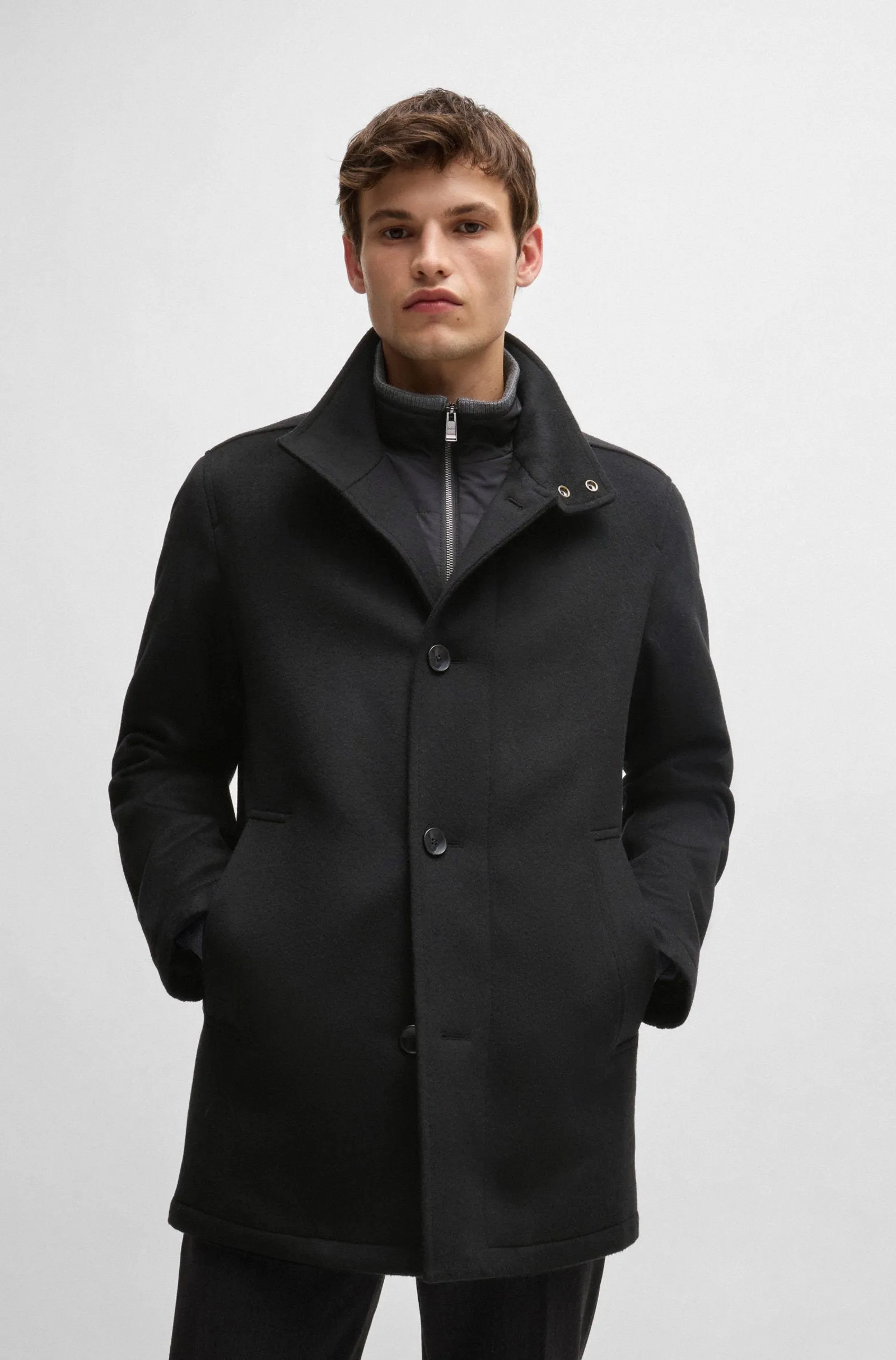 Boss Relaxed-Fit Short Coat in Virgin Wool and Cashmere - Black