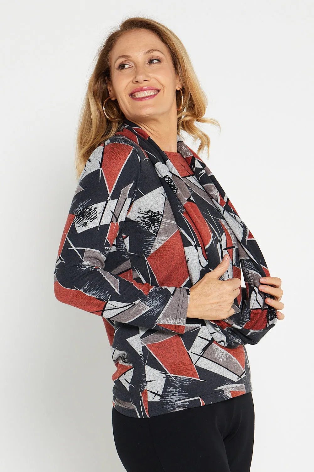 Briston Knit Top & Snood - Black/Rust Geo Print