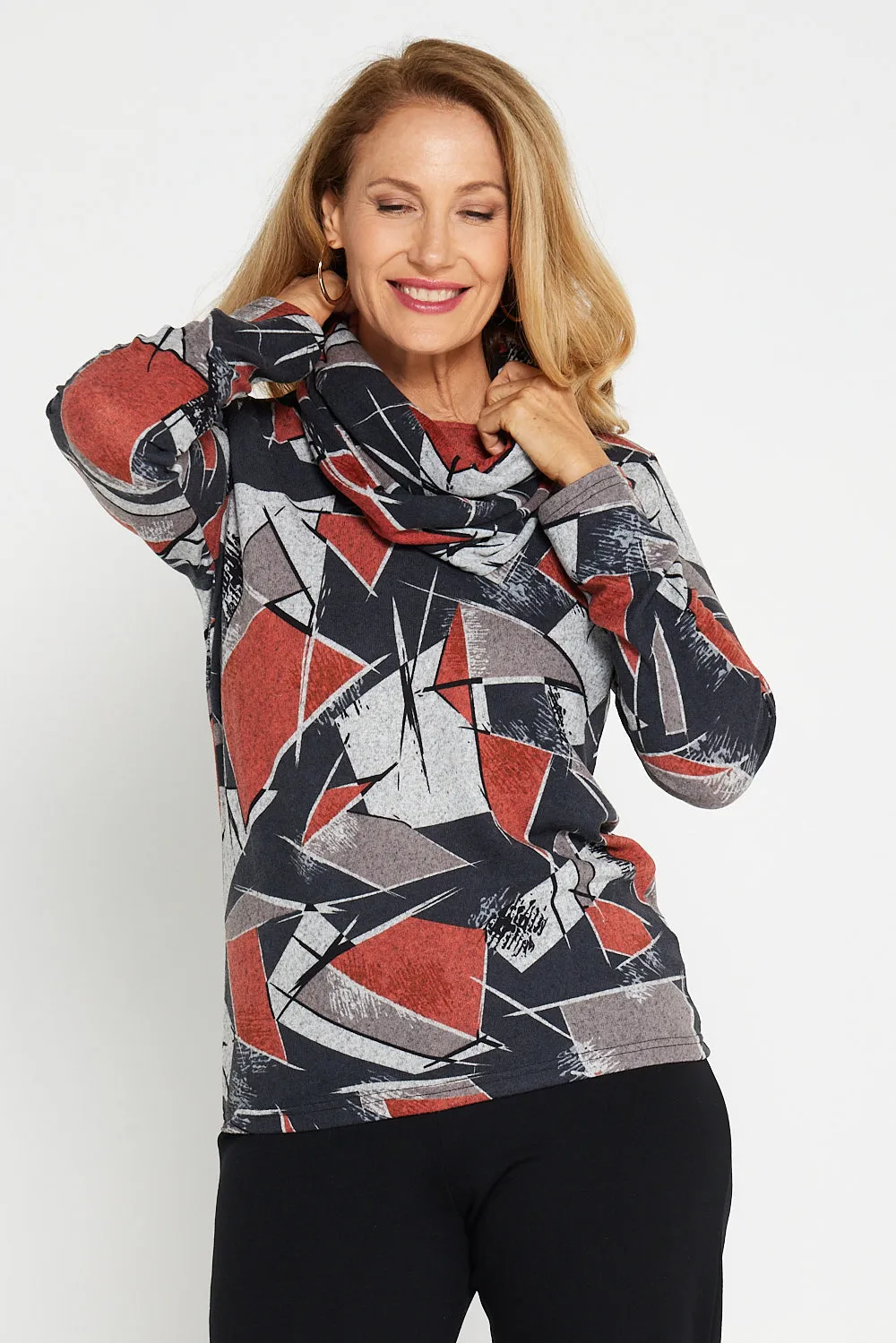 Briston Knit Top & Snood - Black/Rust Geo Print