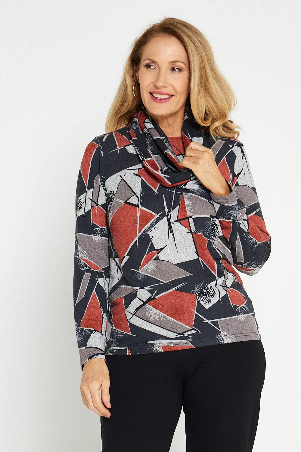 Briston Knit Top & Snood - Black/Rust Geo Print