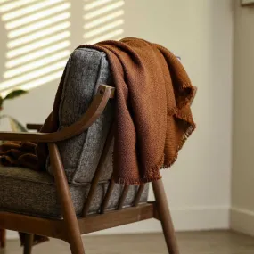 Brown Textured Woolen Tweed Throw Blanket 57" x 70"  1" Fringe