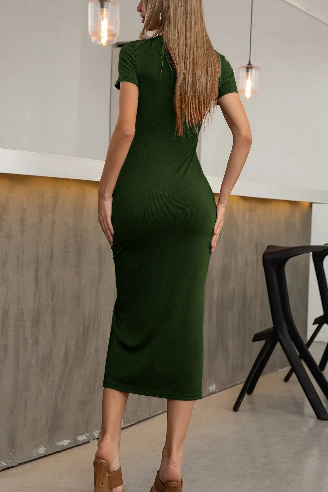 Button Slit Knit Bodycon Midi Dress