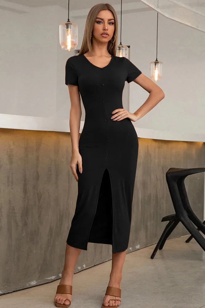 Button Slit Knit Bodycon Midi Dress