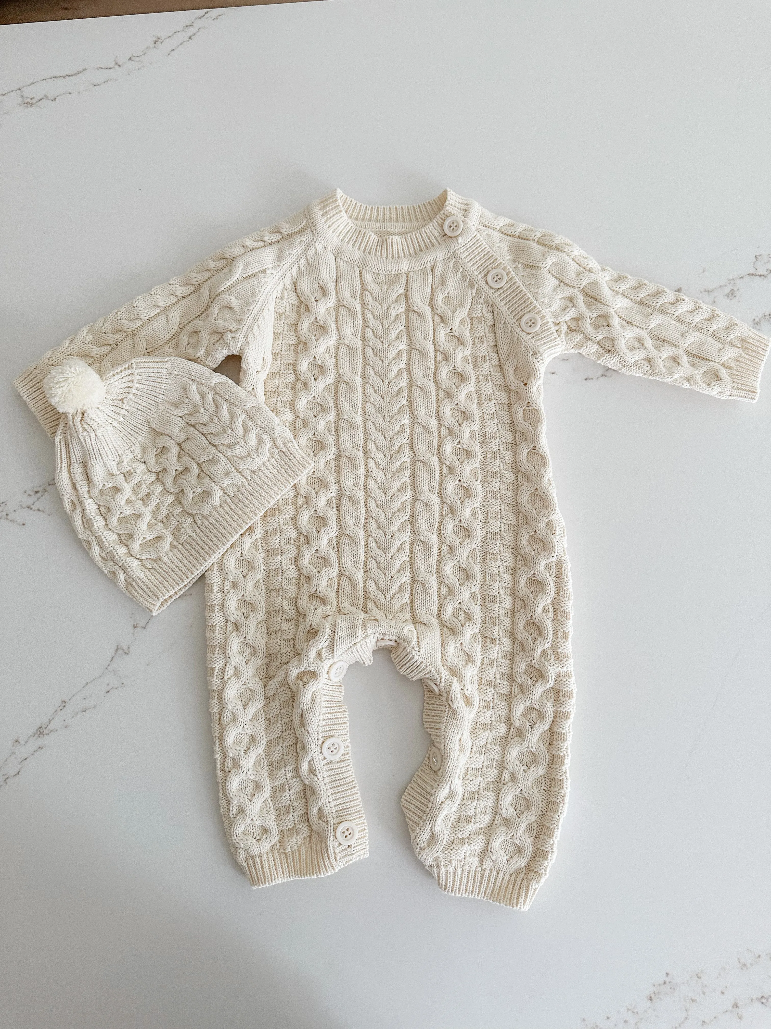 Cable Knit Jumpsuit With Matching Hat