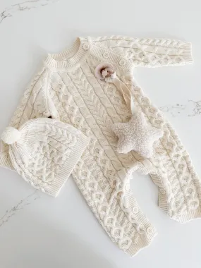 Cable Knit Jumpsuit With Matching Hat