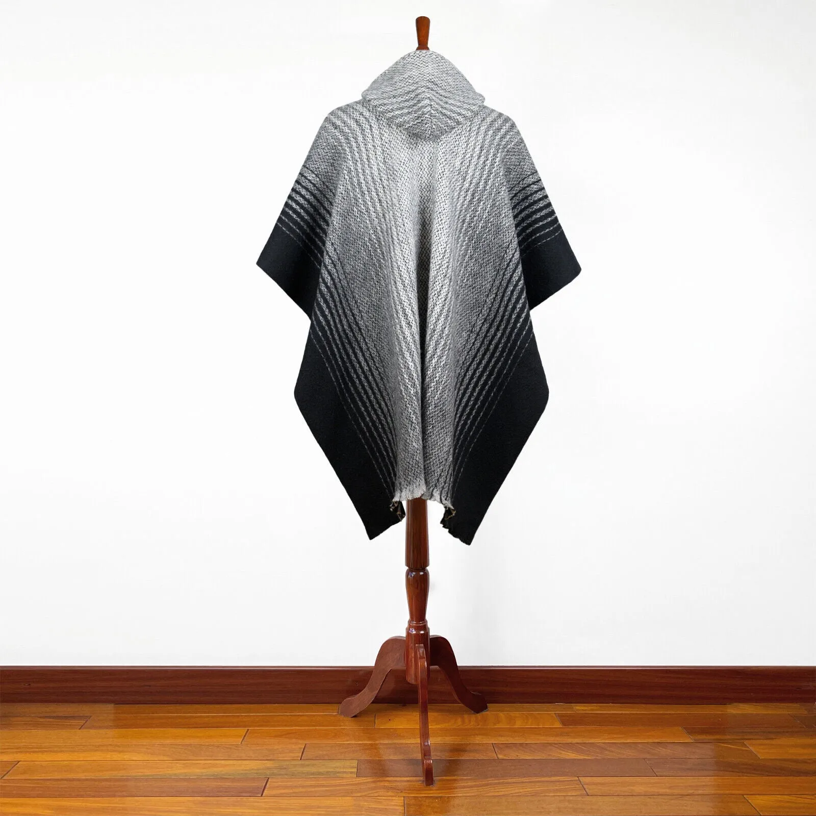 Changaimina - Llama Wool Unisex South American Handwoven Hooded Poncho - gray thin striped pattern