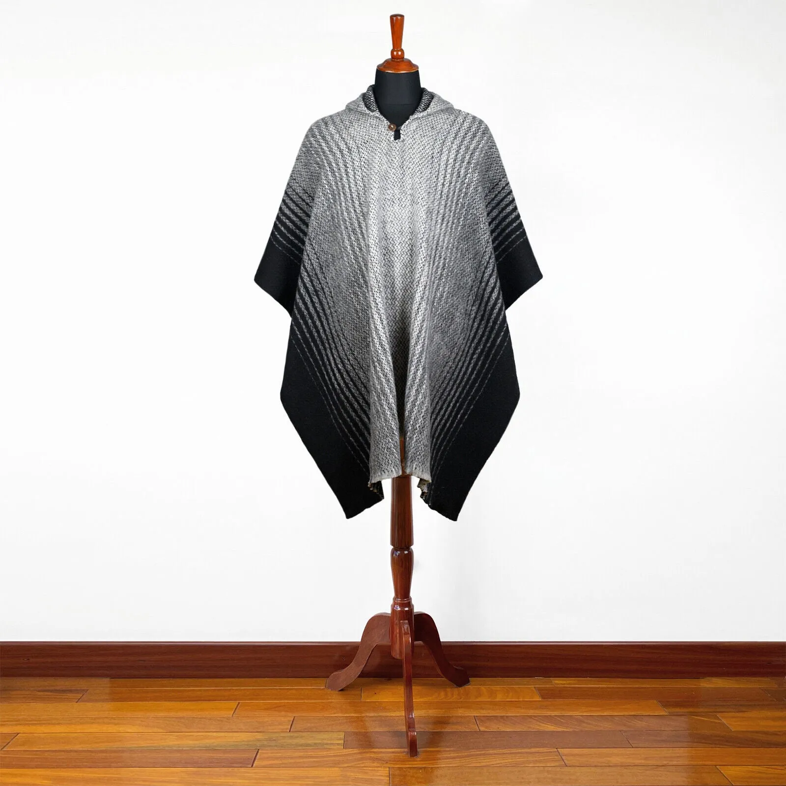 Changaimina - Llama Wool Unisex South American Handwoven Hooded Poncho - gray thin striped pattern