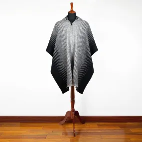 Changaimina - Llama Wool Unisex South American Handwoven Hooded Poncho - gray thin striped pattern