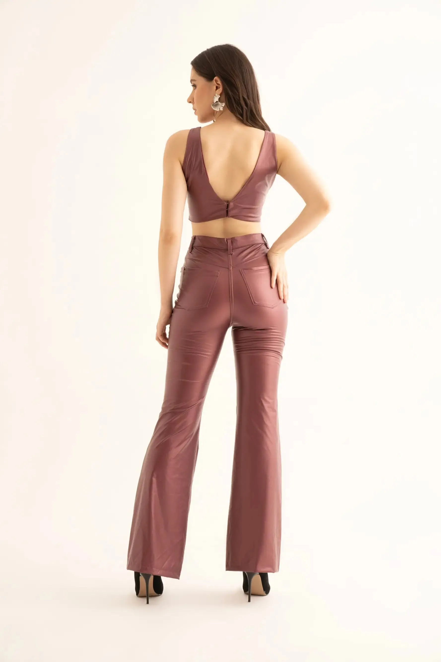 Cherry Red Faux Leather Flared Pants