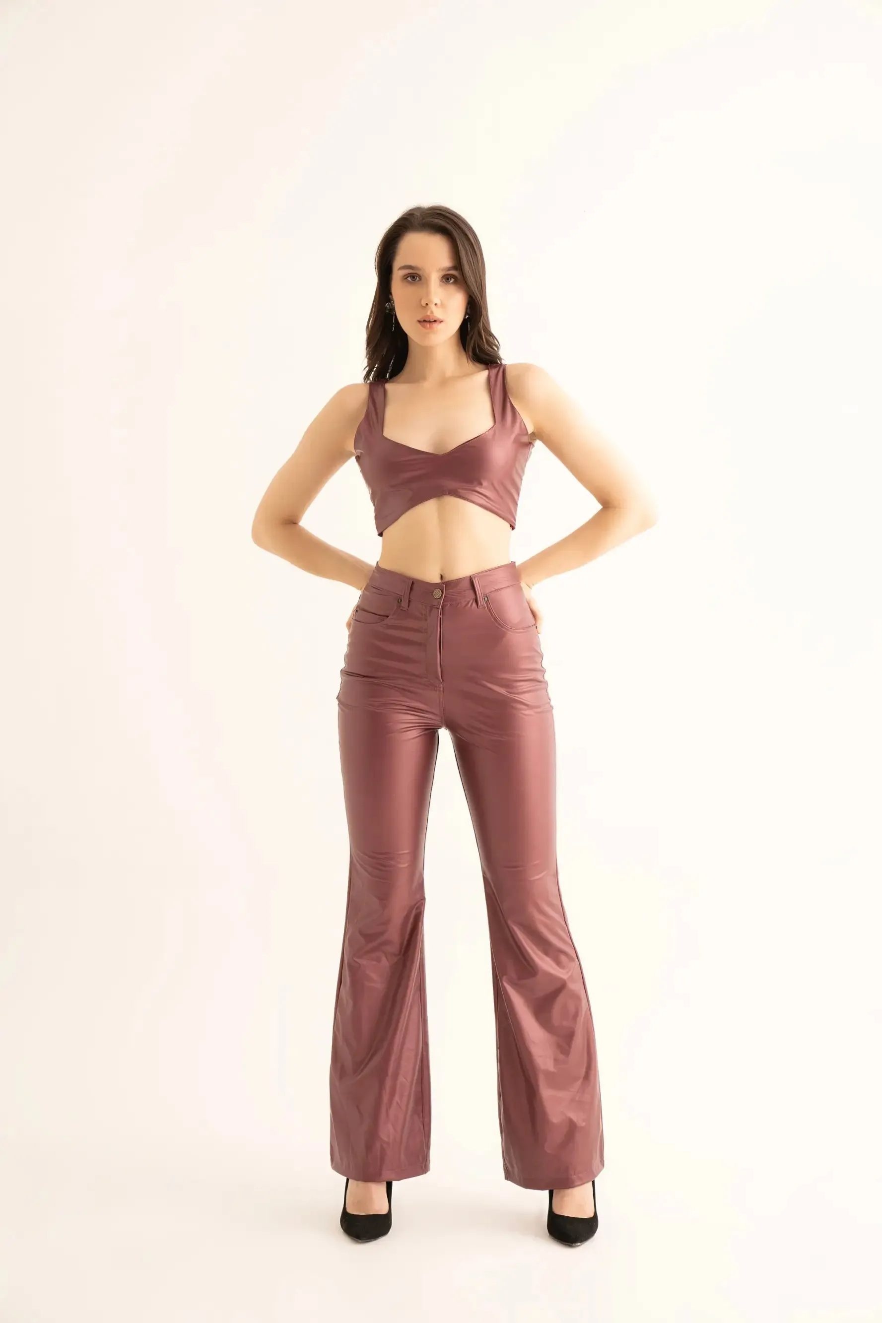 Cherry Red Faux Leather Flared Pants