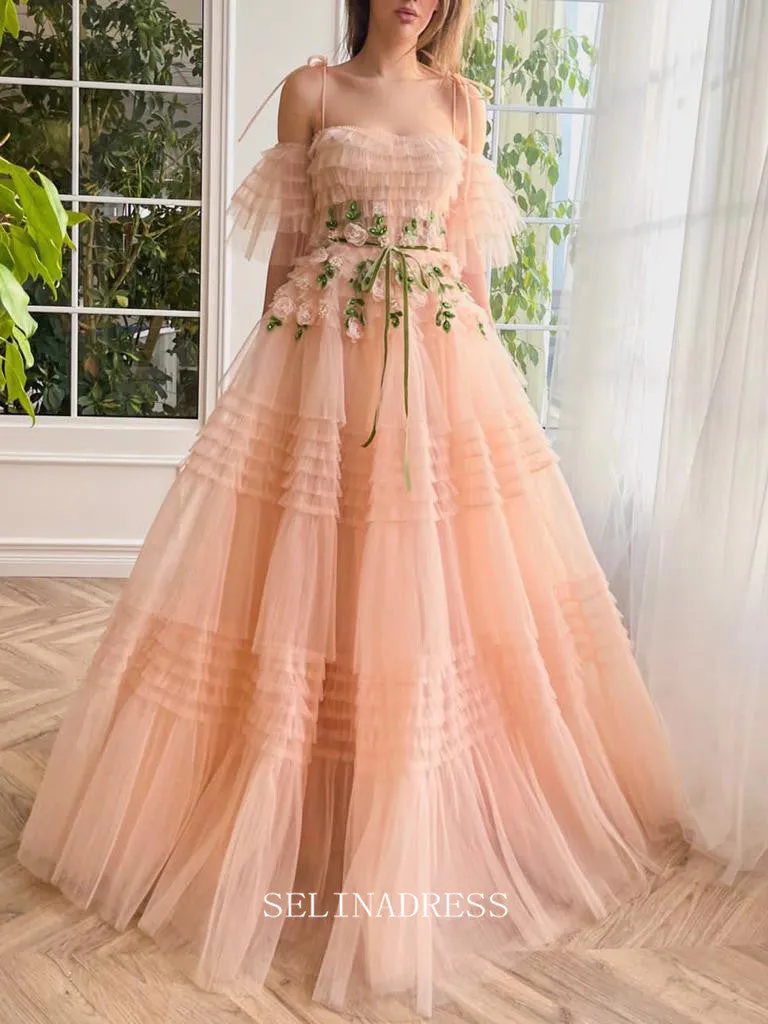 Chic A-line Spaghetti Straps Peach Layered Long Prom Dress Elegant Twilight Elegance Gown #LOP200