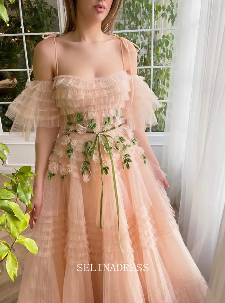 Chic A-line Spaghetti Straps Peach Layered Long Prom Dress Elegant Twilight Elegance Gown #LOP200