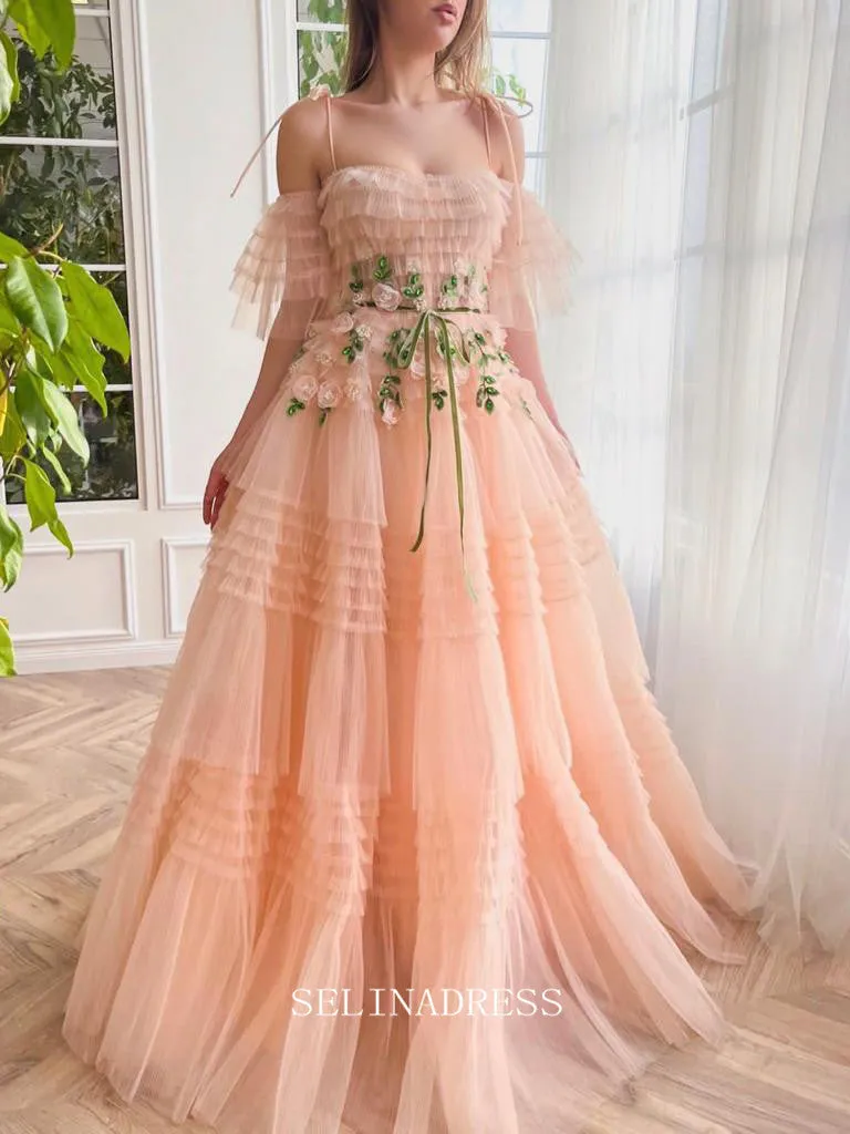 Chic A-line Spaghetti Straps Peach Layered Long Prom Dress Elegant Twilight Elegance Gown #LOP200