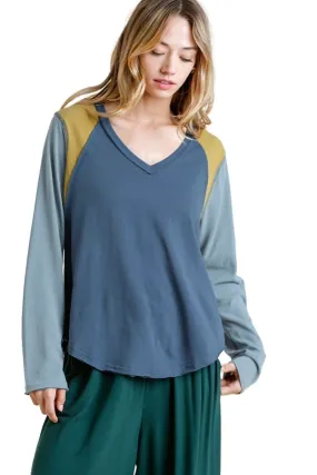 Color Block Raw Edge Top, Blue