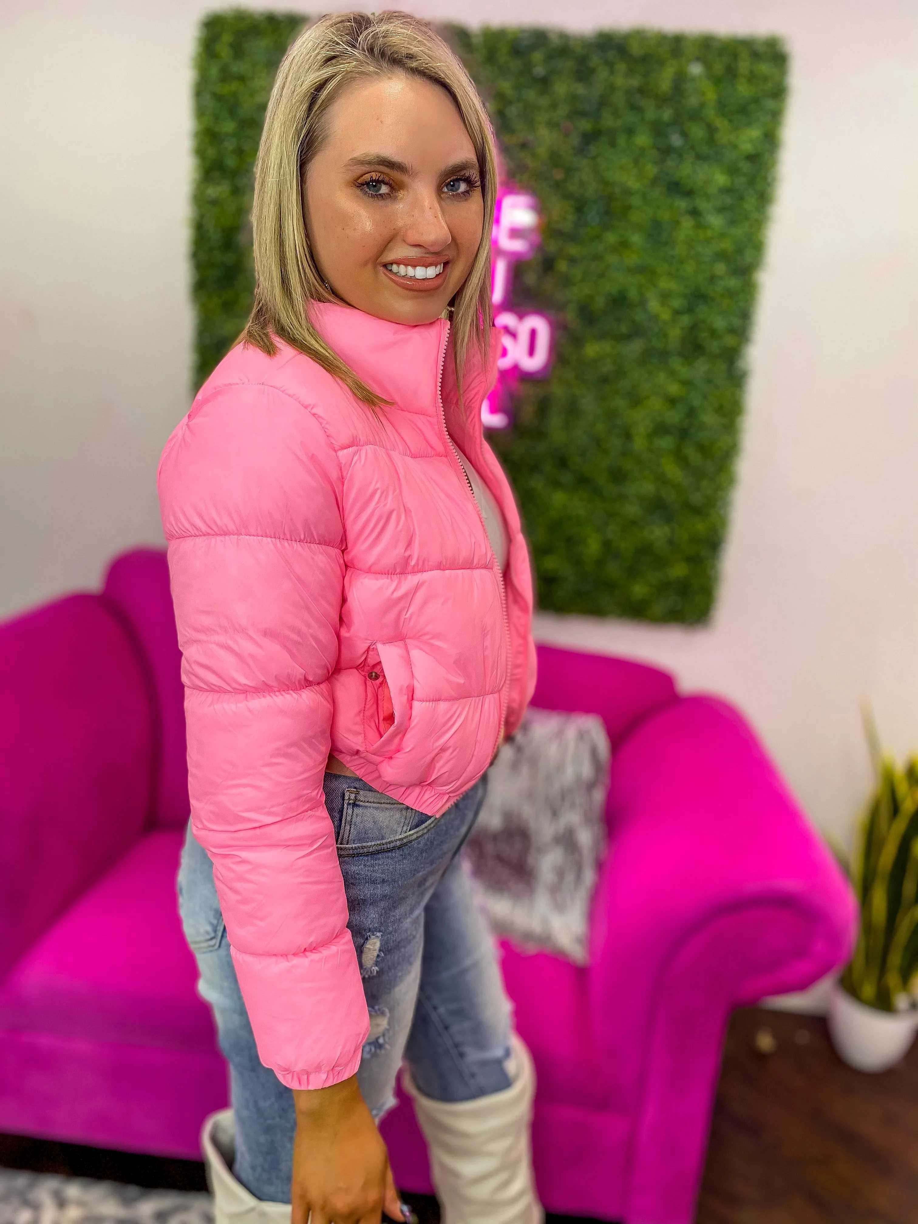 Cozy Aura Pink Cropped Bubble Zip Up Puffer Jacket