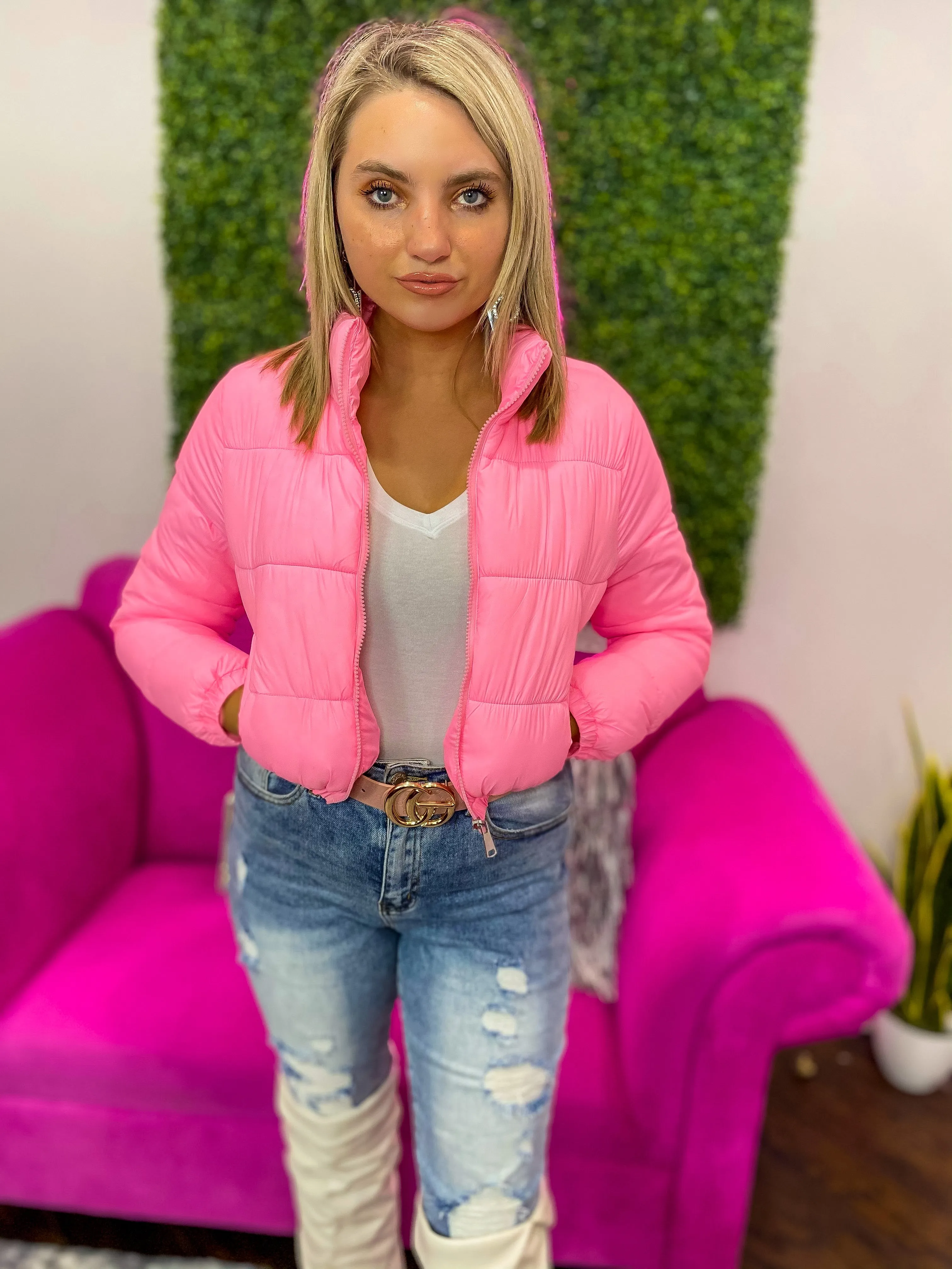 Cozy Aura Pink Cropped Bubble Zip Up Puffer Jacket