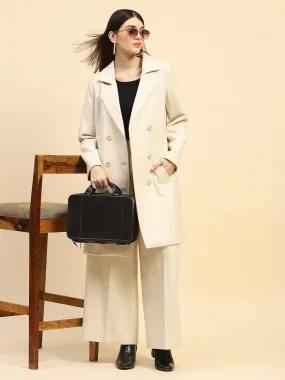 Cream Solid Poly Viscose Relaxed Fit Coat With Trouser Winter Set