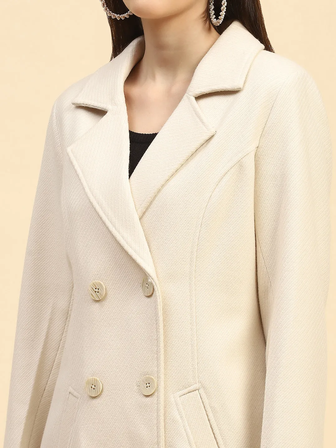 Cream Solid Poly Viscose Relaxed Fit Coat With Trouser Winter Set