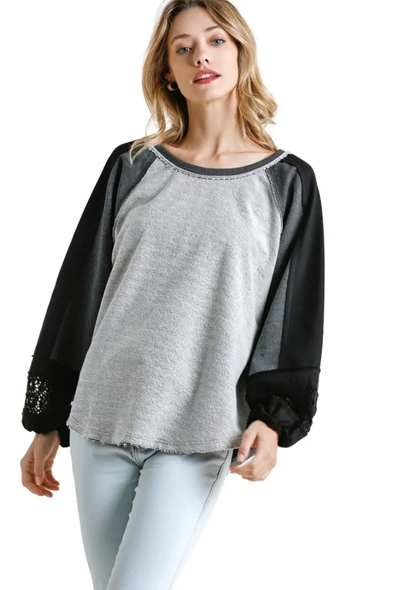 Crochet Puff Sleeve Top, Charcoal