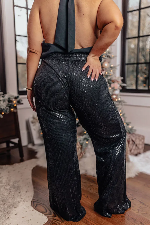 Dainty Glam Sequin High Waist Flare In Black Curves