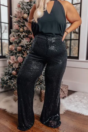 Dainty Glam Sequin High Waist Flare In Black Curves