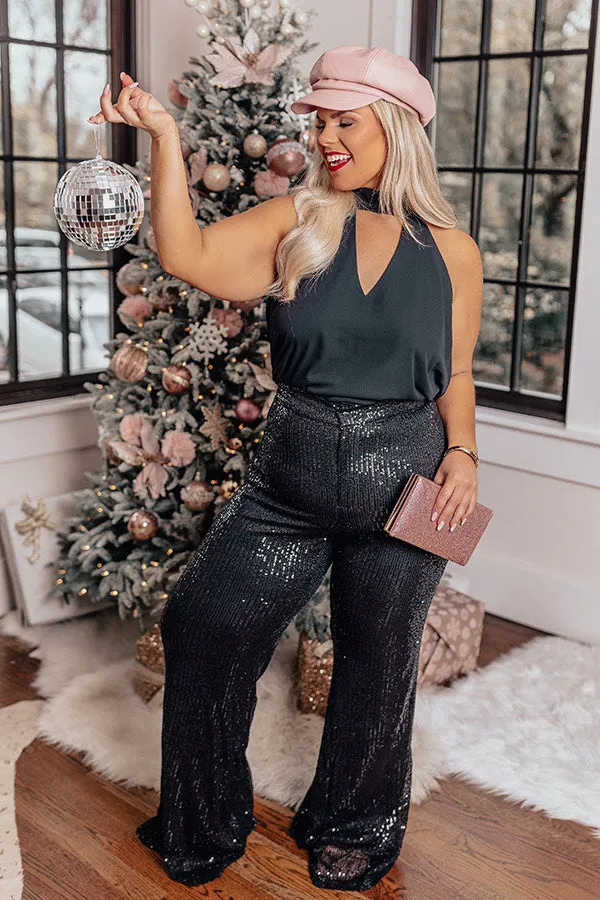 Dainty Glam Sequin High Waist Flare In Black Curves