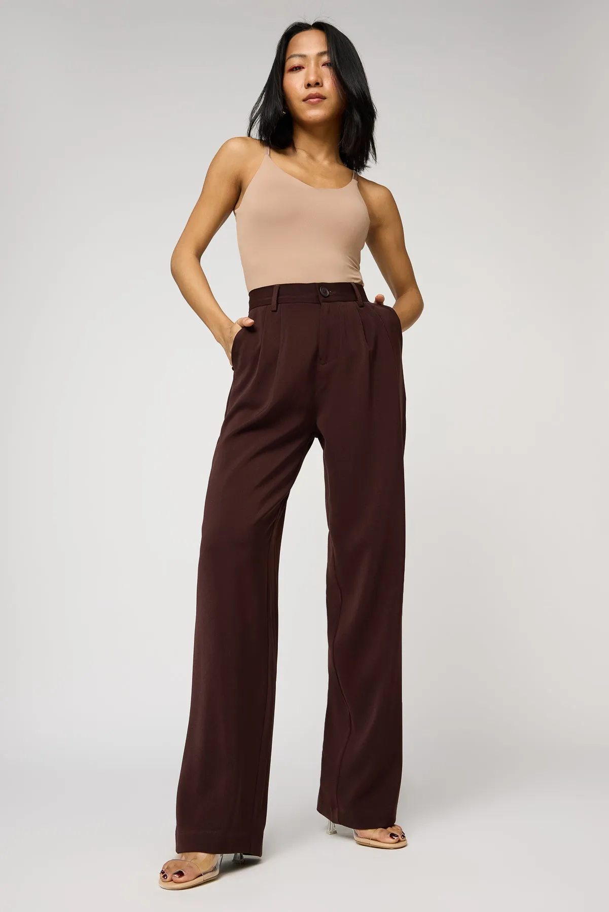 Deep Chestnut Double Pleated Korean Pants