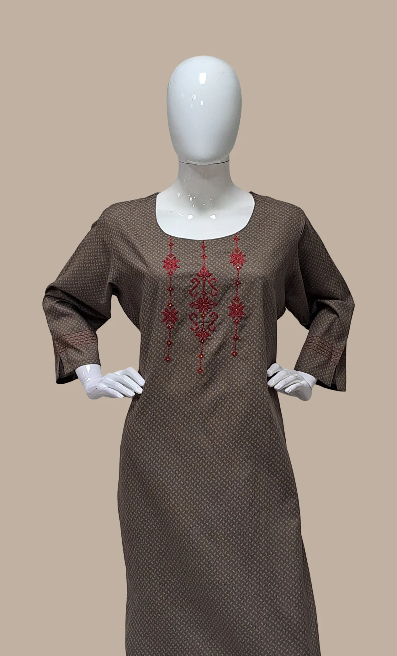 Deep Khaki Embroidered Kurti Top