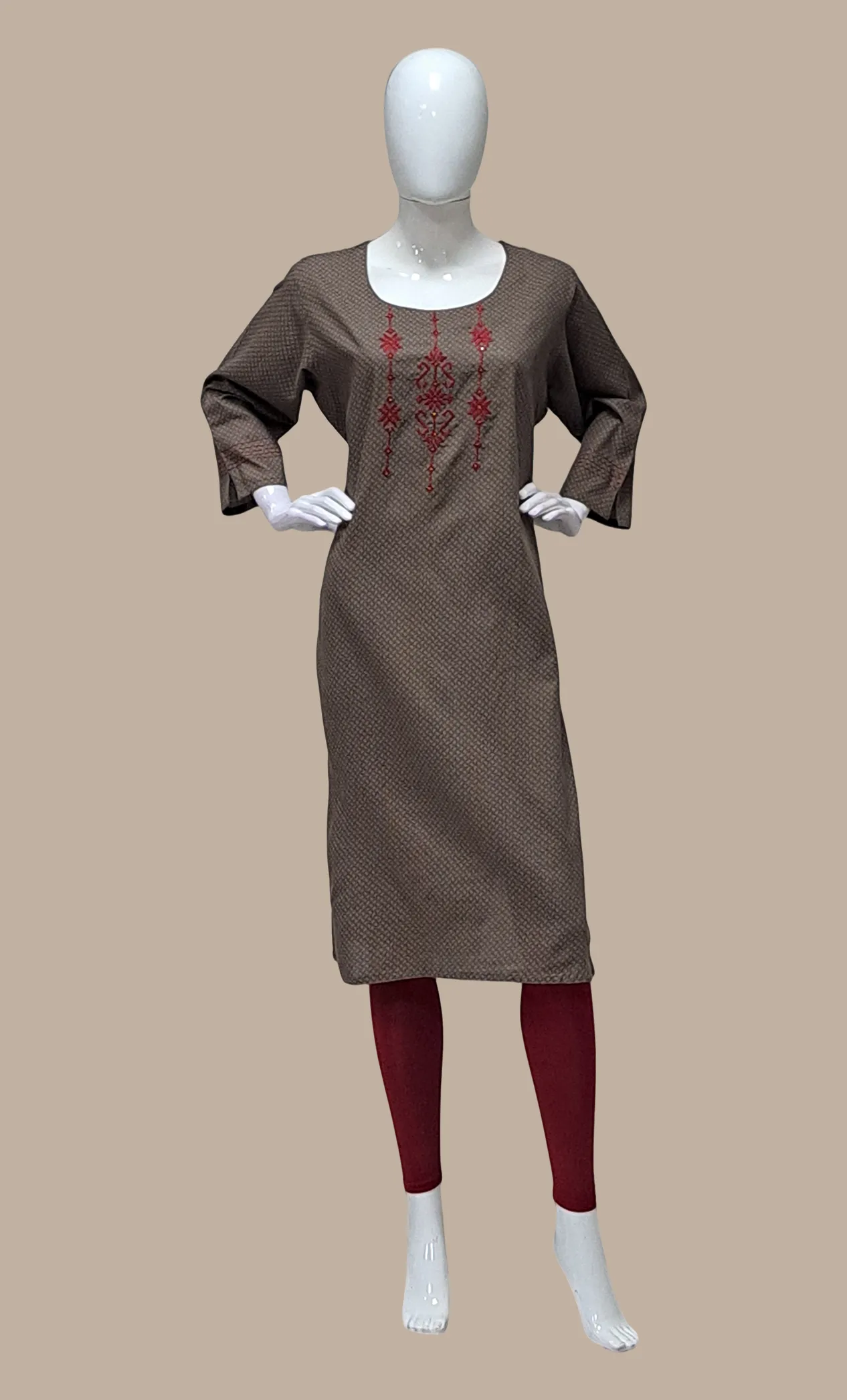 Deep Khaki Embroidered Kurti Top