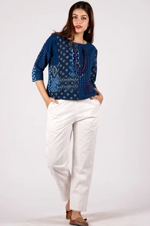 Dharan 'Quilted Straight Pants' White Block Printed Pants