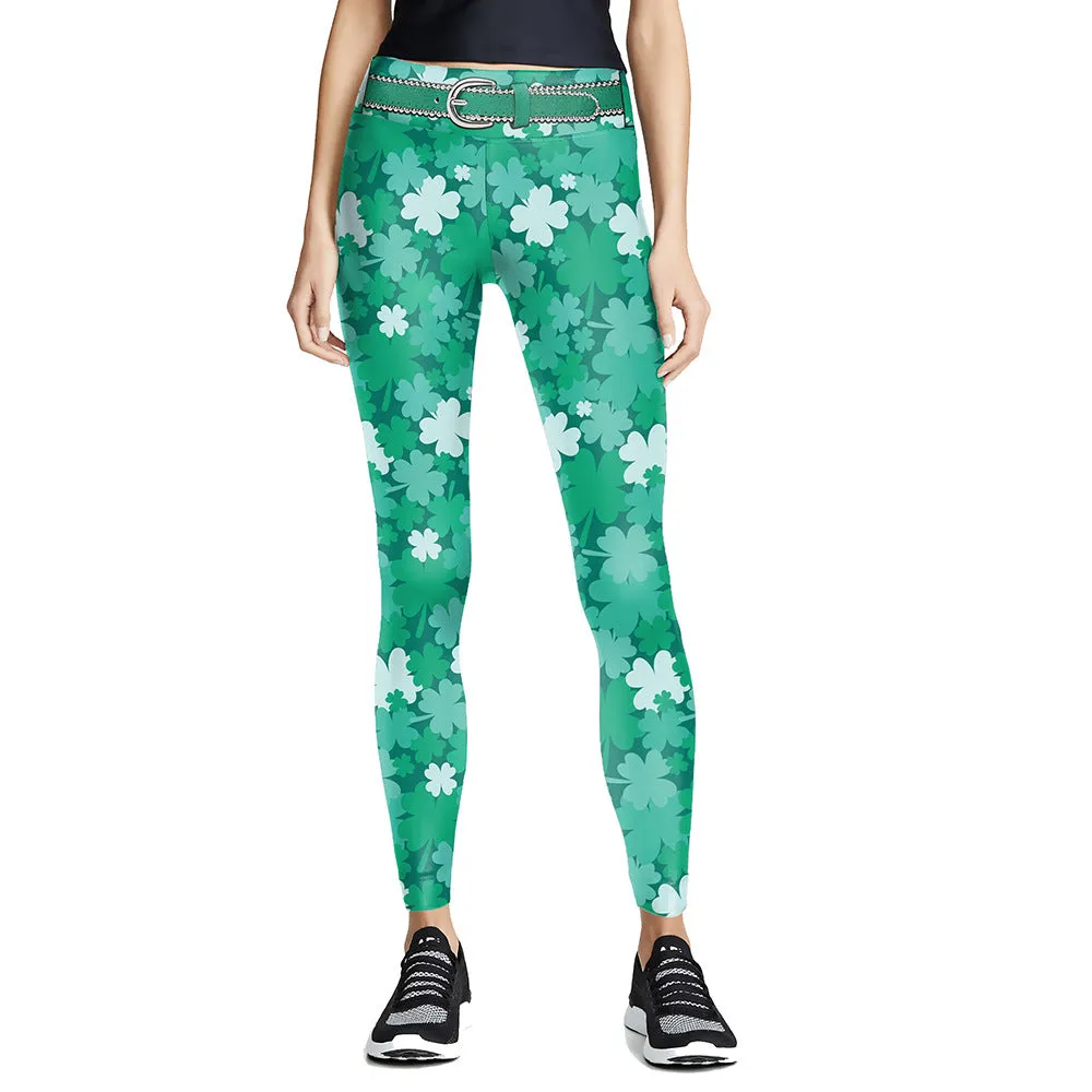 Digital Printed Green Leaf Elastic Slim Fit Running Pants Yoga Pants