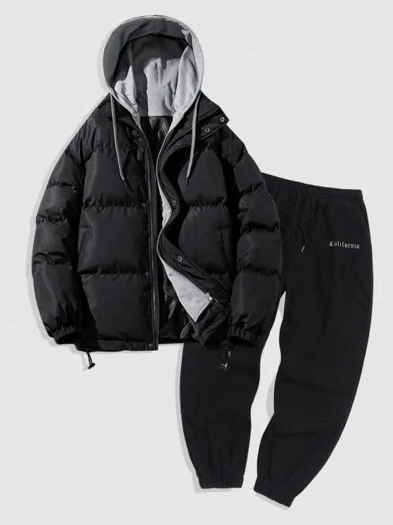 Dual Zip Puffer Coat And Fleece Pants Set