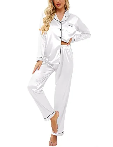 Ekouaer Women's Satin Pajama Set 2-Piece Sleepwear Loungewear Long Sleeve Button Down Pj Set(02 Black,Medium)