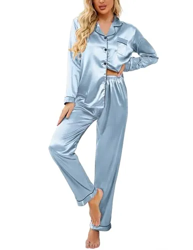 Ekouaer Women's Satin Pajama Set 2-Piece Sleepwear Loungewear Long Sleeve Button Down Pj Set(02 Black,Medium)