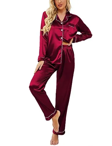 Ekouaer Women's Satin Pajama Set 2-Piece Sleepwear Loungewear Long Sleeve Button Down Pj Set(02 Black,Medium)