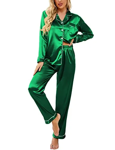 Ekouaer Women's Satin Pajama Set 2-Piece Sleepwear Loungewear Long Sleeve Button Down Pj Set(02 Black,Medium)