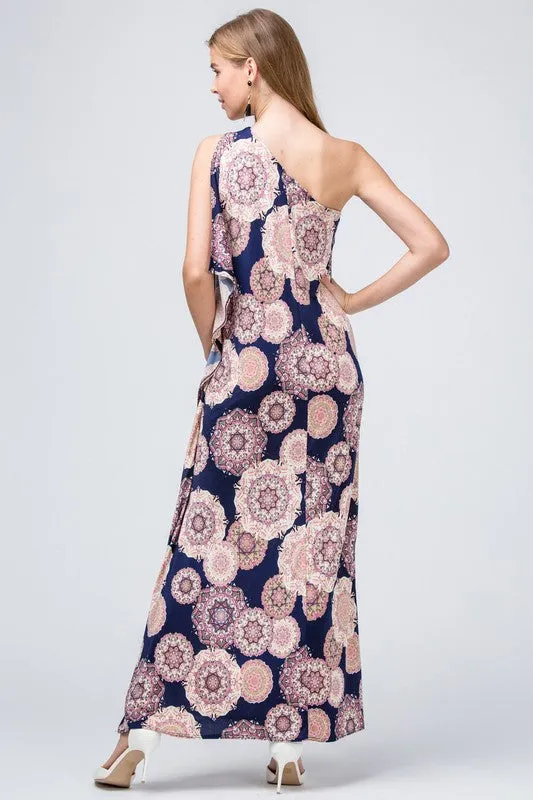 Elegant One Shoulder Maxi Dress - Navy