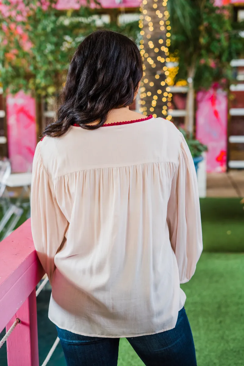 Embroidered 3/4 Sleeve Top, Cream