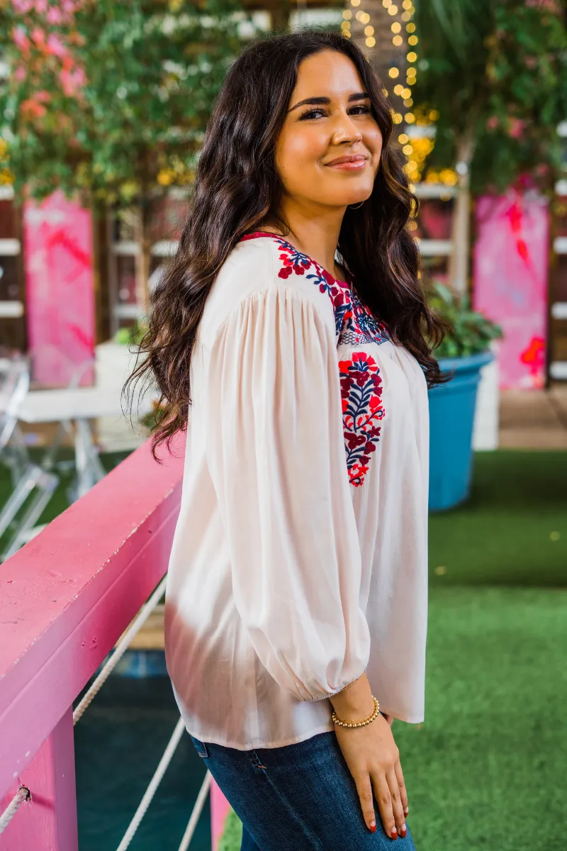 Embroidered 3/4 Sleeve Top, Cream