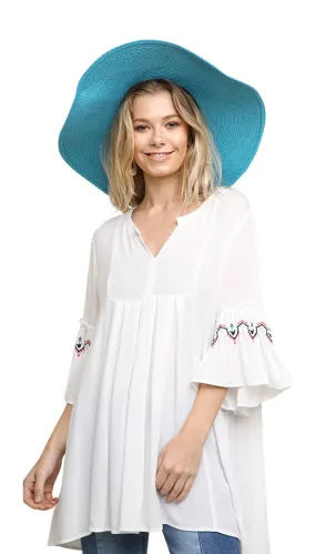 Embroidered Bell Sleeve Pleated Tunic, Off White