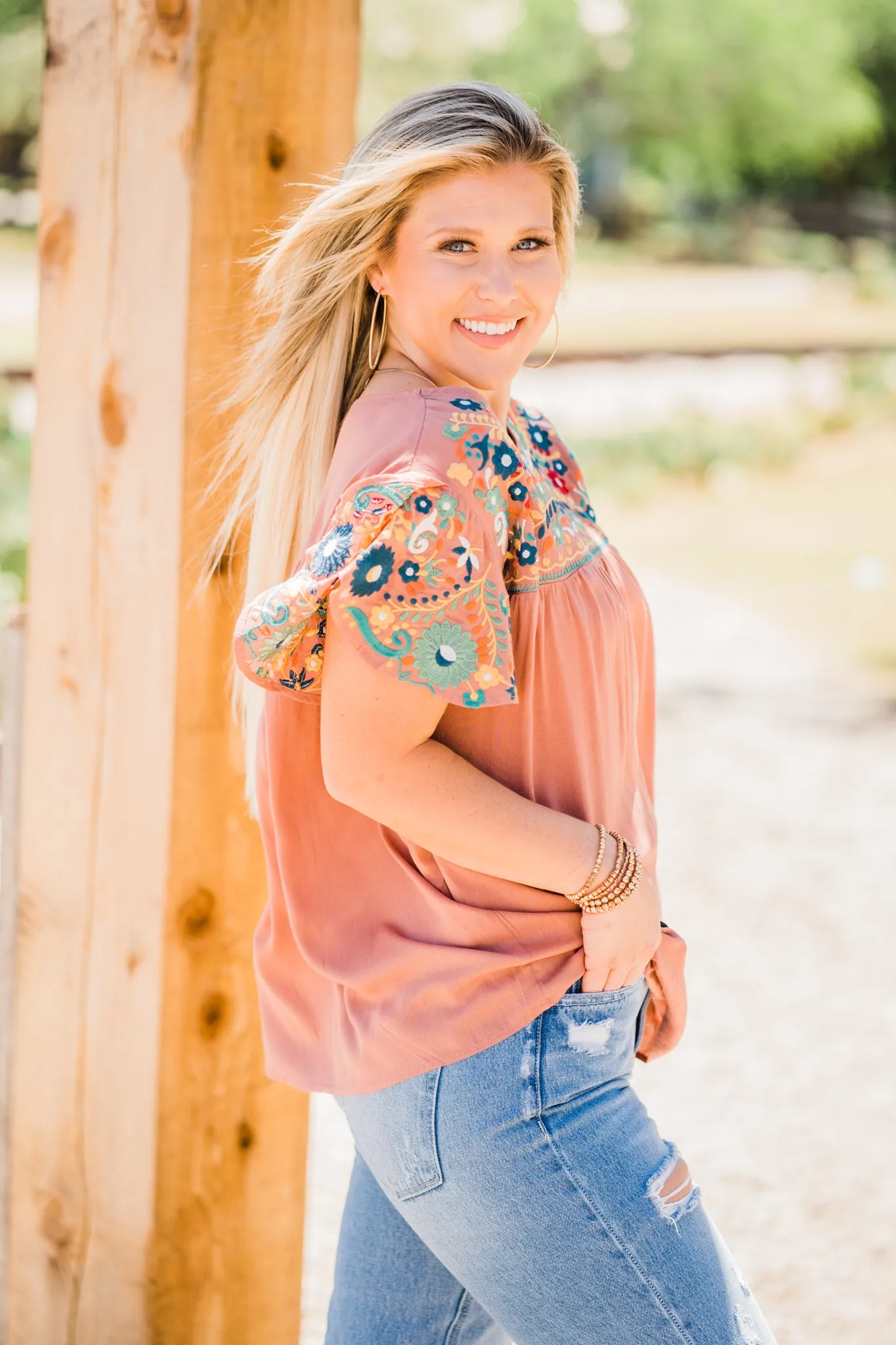 Embroidered Butterfly Sleeve Top, Camel