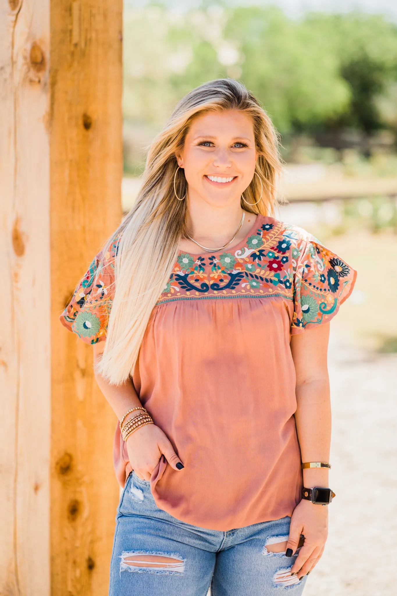 Embroidered Butterfly Sleeve Top, Camel