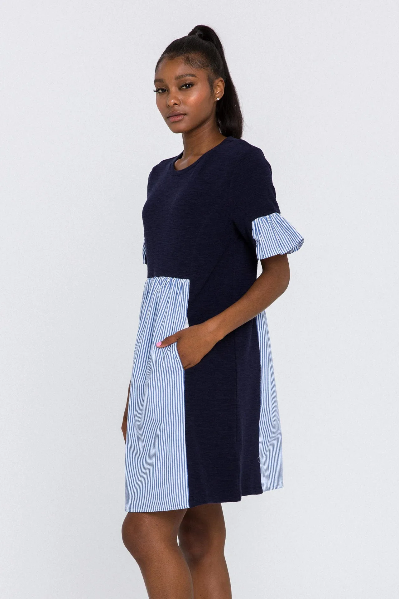 English Factory - Knit Stripe Woven Mixed Dress