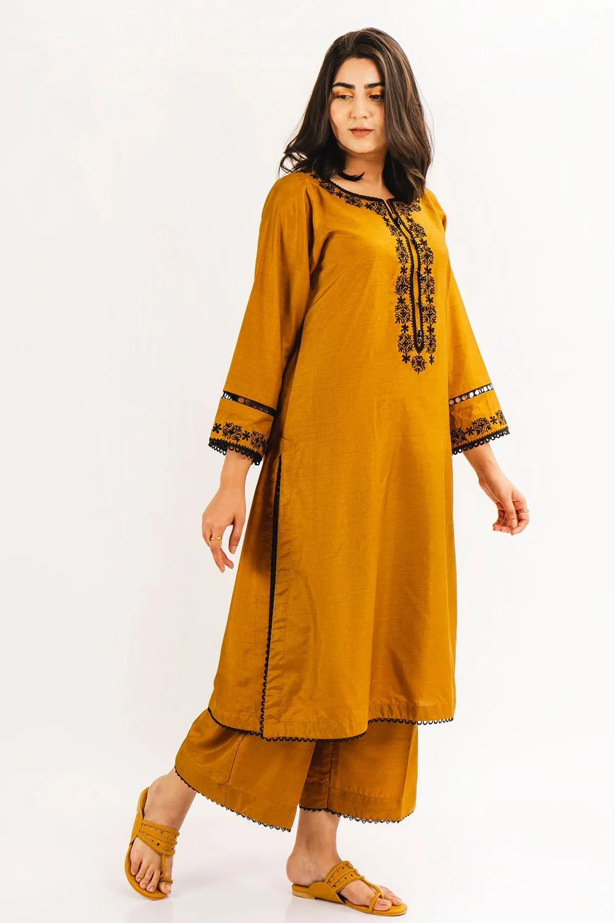 Fahza by Fareeha - Bloom - Mustard Yellow - Self-Cotton - 2 Piece