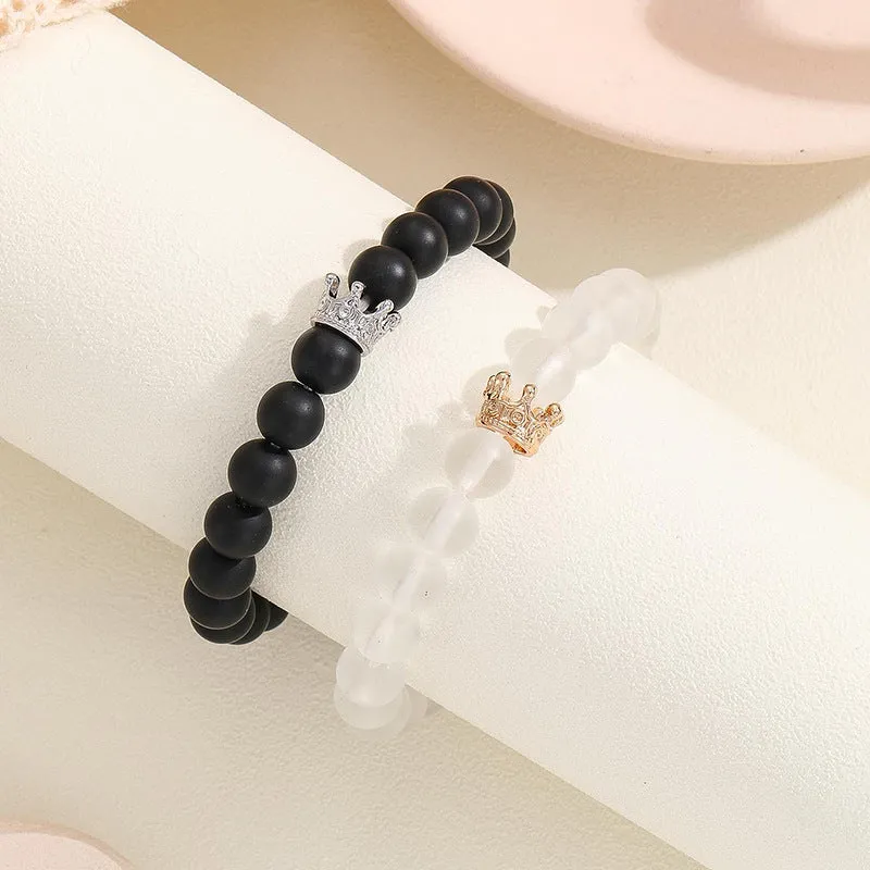 Fashion Jewelry 2pcs Handmade Crown Beaded Charms Bracelet Luminou Heart Glow In The Dark Couple Bracelet For Lover Men Women Fluorescent Gi