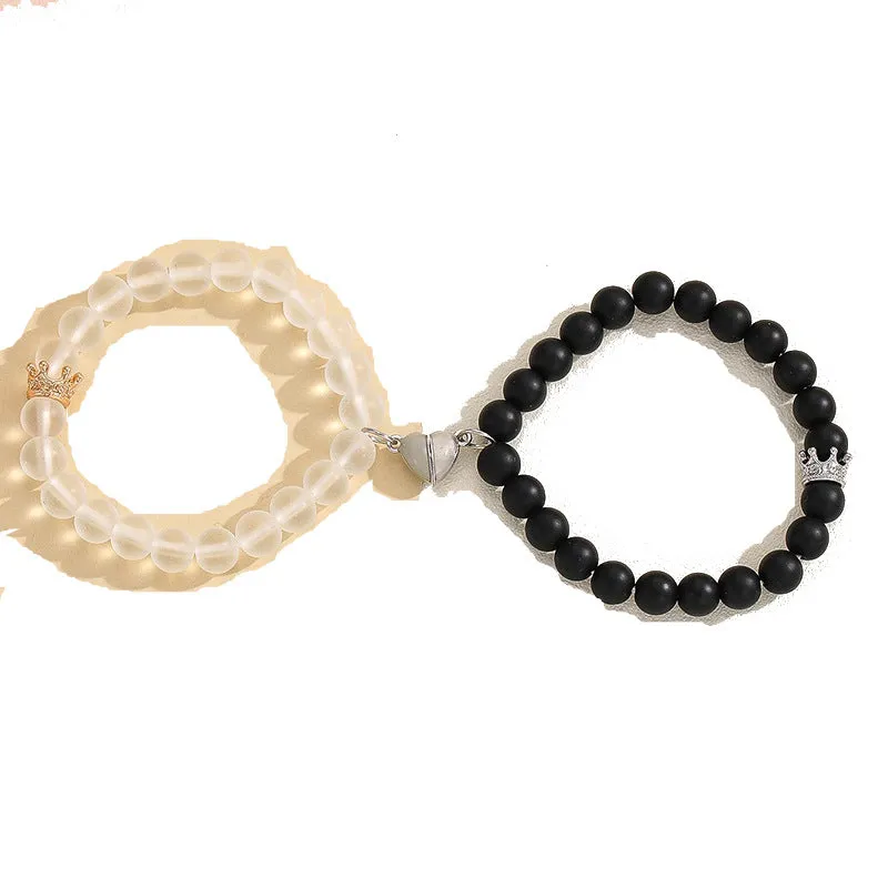 Fashion Jewelry 2pcs Handmade Crown Beaded Charms Bracelet Luminou Heart Glow In The Dark Couple Bracelet For Lover Men Women Fluorescent Gi