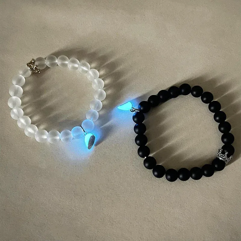 Fashion Jewelry 2pcs Handmade Crown Beaded Charms Bracelet Luminou Heart Glow In The Dark Couple Bracelet For Lover Men Women Fluorescent Gi