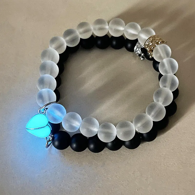 Fashion Jewelry 2pcs Handmade Crown Beaded Charms Bracelet Luminou Heart Glow In The Dark Couple Bracelet For Lover Men Women Fluorescent Gi