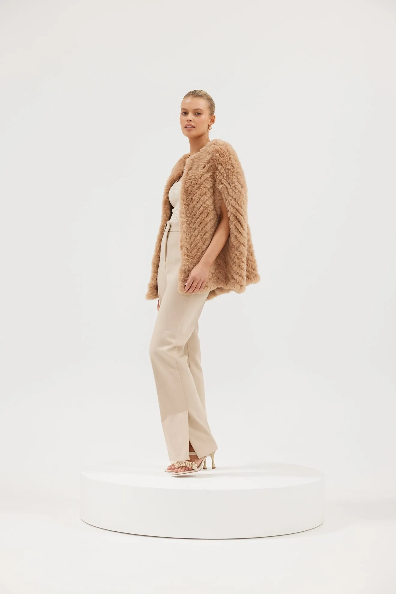 Faux Franki Chevron Poncho - Beige