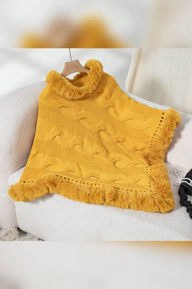 Faux Fur Collar Chunky Cable Knit Sweater Cape MMY225